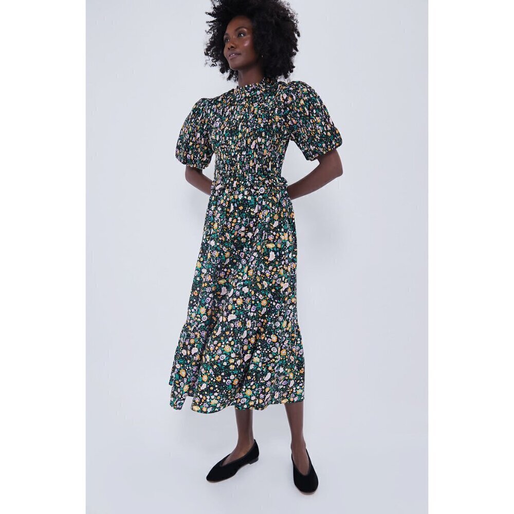 NWT Hyacinth House Black Multi Floral Smocked Samantha Midi Dress, Size XS